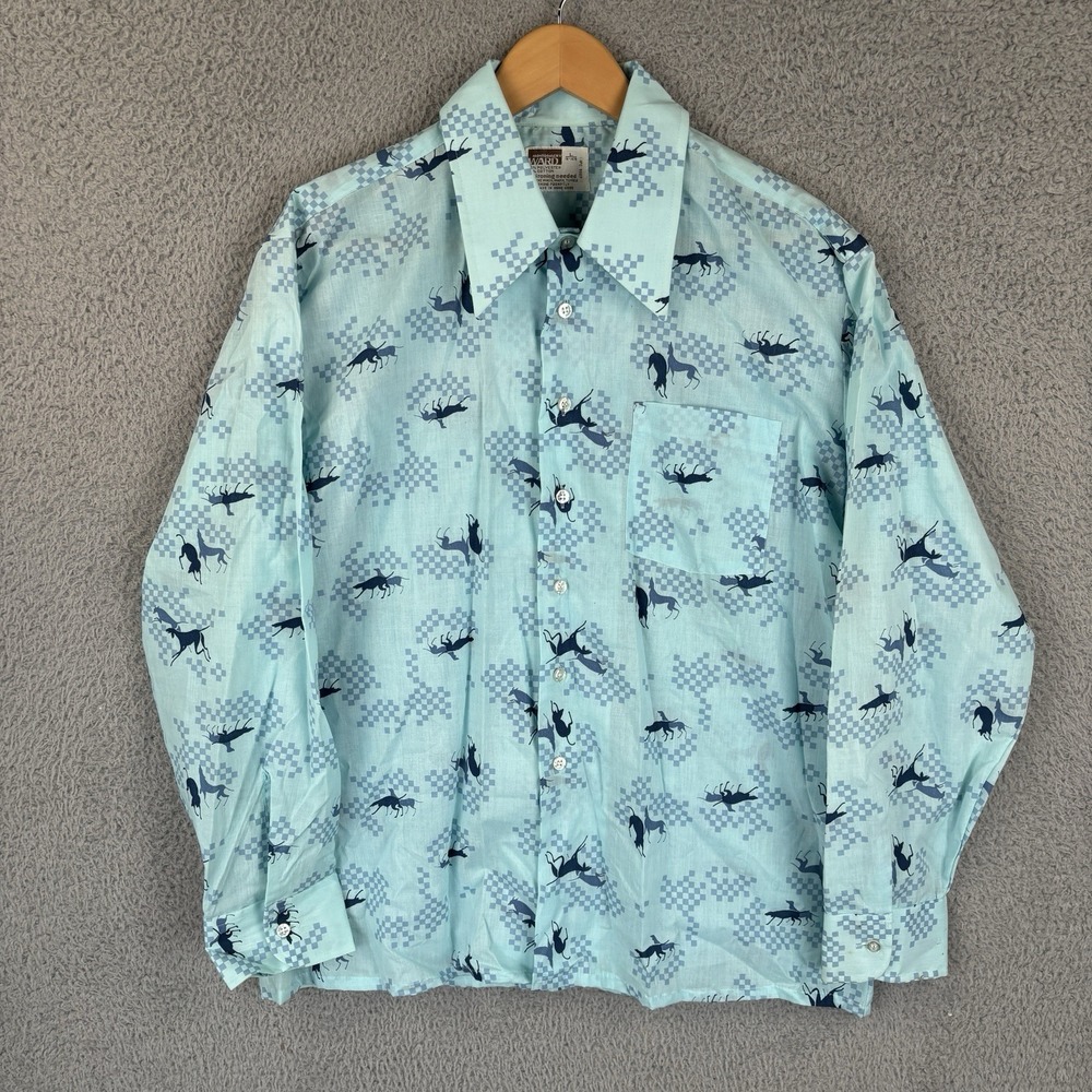 Vintage 70s Montgomery Ward Shirt Mens L Turquoise All Over Dog Print *RARE*